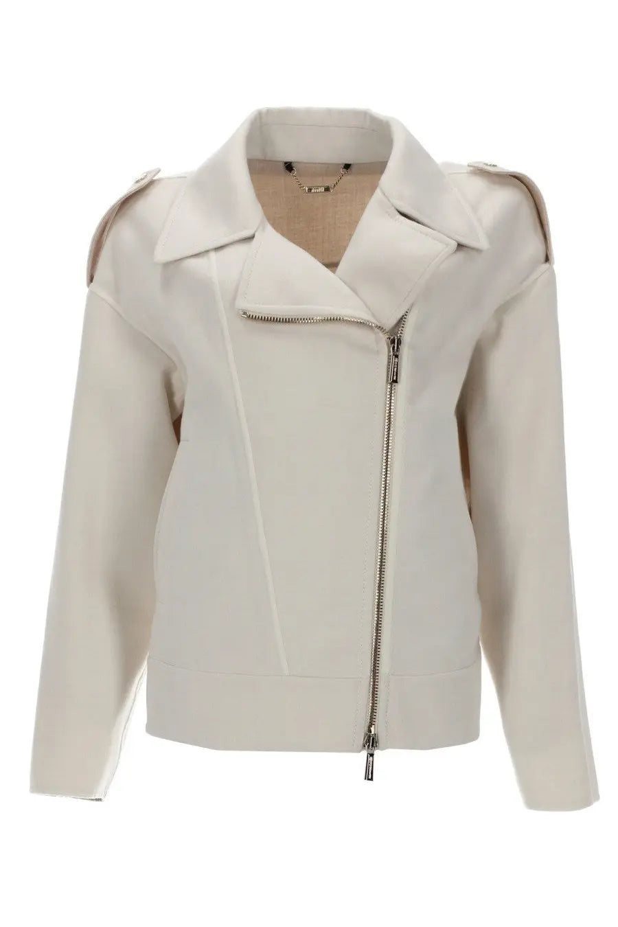 Moorer womens giacca viana white cream-colored faux leather biker jacket with silver zipper and shoulder epaulets