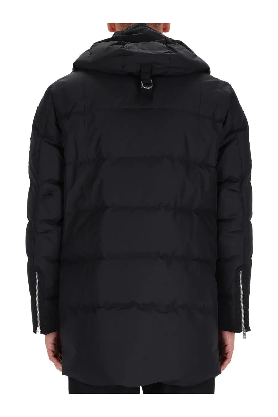 Moose Knuckles men’s Neoshear Cloud parka black puffer coat with hood and silver zippers on the sleeves