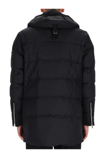 Moose Knuckles men’s Neoshear Cloud parka black puffer coat with hood and silver zippers on the sleeves