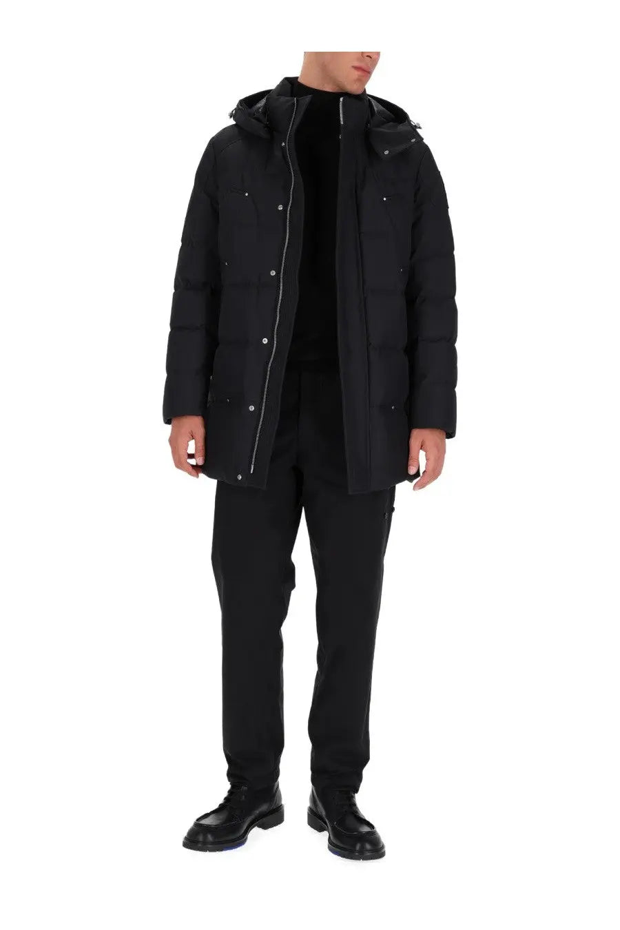 Moose Knuckles men’s Neoshear Cloud parka black puffer coat with hood silver zipper and button details