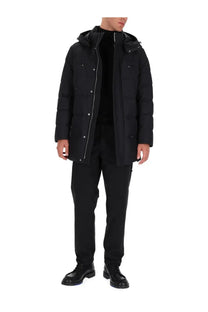 Moose Knuckles men’s Neoshear Cloud parka black puffer coat with hood silver zipper and button details