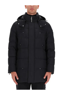 Black moose knuckles men’s neoshear cloud parka puffer jacket with hood silver zipper and metallic button details