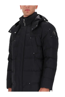 Moose Knuckles men’s Neoshear Cloud Parka black puffer jacket with hood silver snap buttons zipper accents and logo patch
