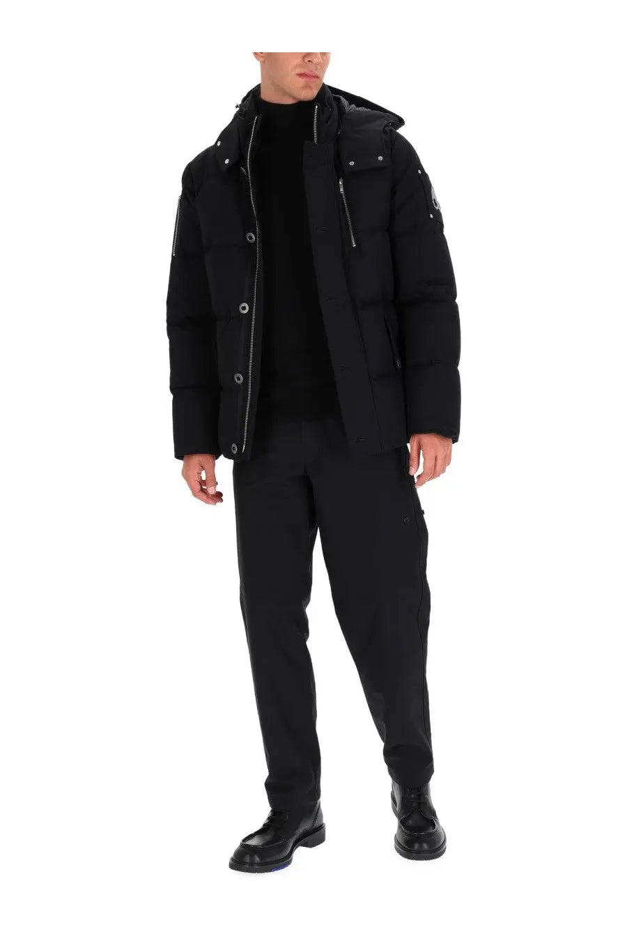 Moose Knuckles men’s original 3q neoshear black puffer jacket with hood silver zipper and button details
