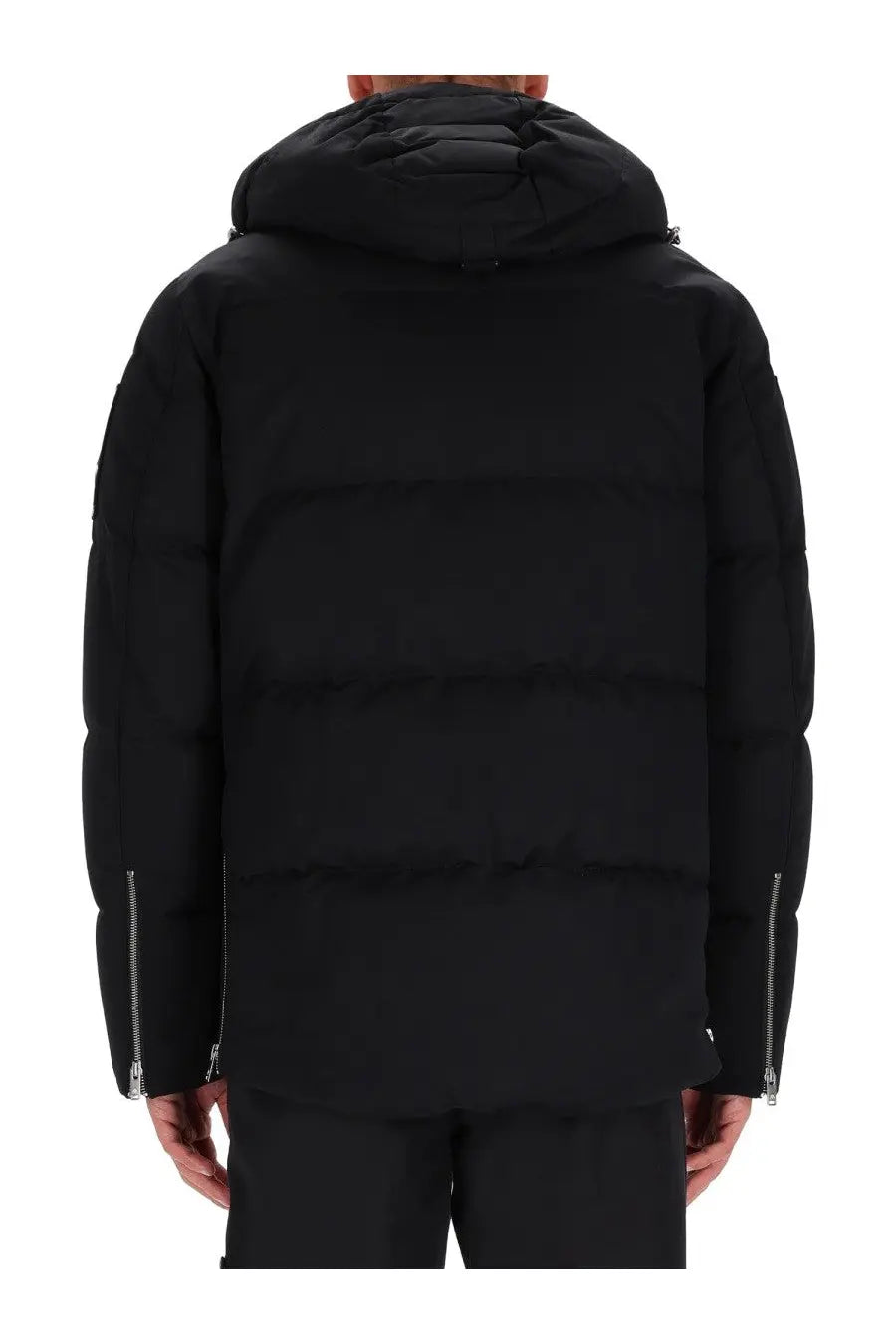 Moose Knuckles men’s original 3q neoshear jacket in black with quilted puffer panels and silver sleeve zippers