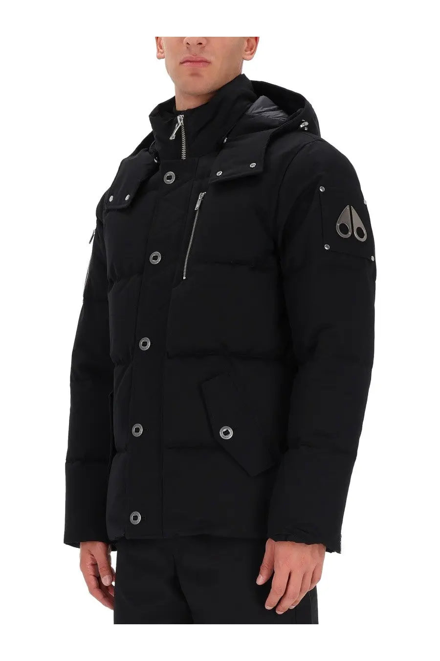 Moose Knuckles men’s original 3q neoshear black puffer jacket with silver buttons zipper hood and logo patch on sleeve