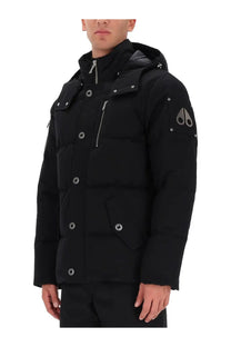 Moose Knuckles men’s original 3q neoshear black puffer jacket with silver buttons zipper hood and logo patch on sleeve