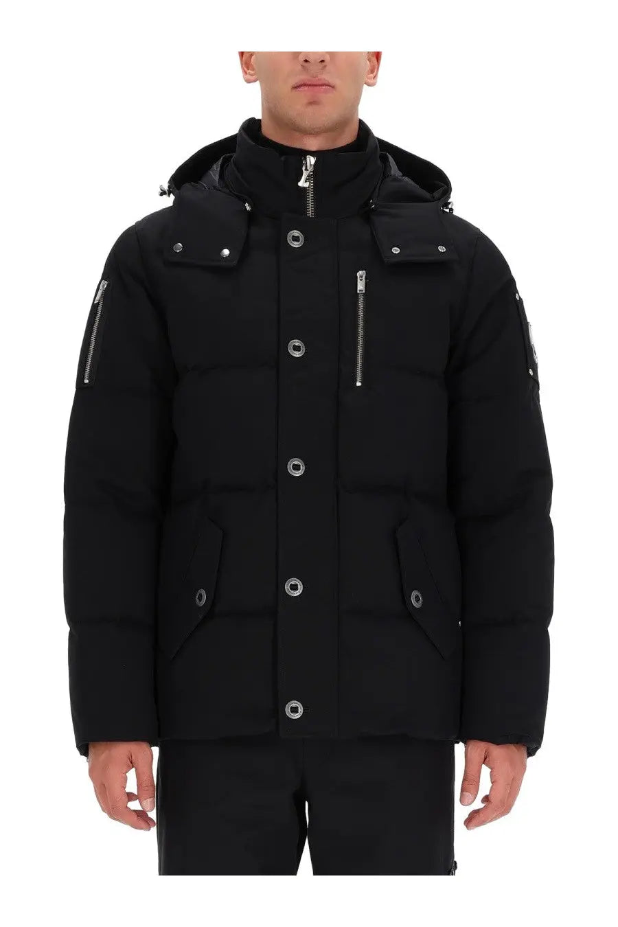 Moose Knuckles men’s original 3Q Neoshear black puffer jacket with silver buttons zippers hood and quilted design