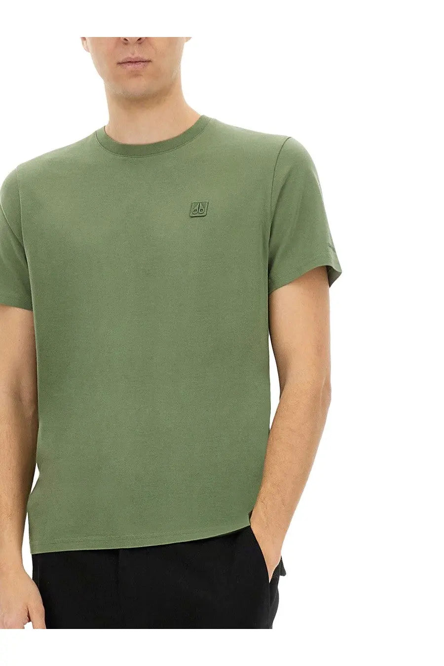 Moose Knuckles men’s olive green short-sleeved crew neck t-shirt with subtle embroidered logo on the chest