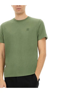 Moose Knuckles men’s olive green short-sleeved crew neck t-shirt with subtle embroidered logo on the chest