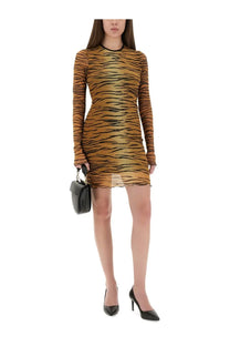 Moschino jeans women’s animal print mesh dress featuring a sheer tiger stripe pattern in black and golden brown