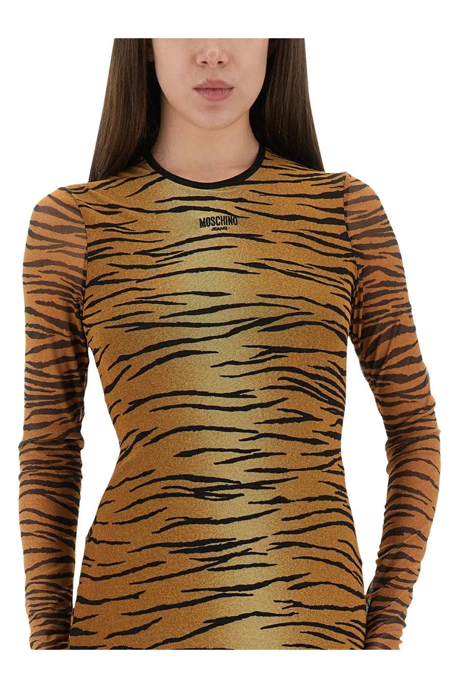 Moschino jeans women’s long-sleeved tiger print mesh dress in shimmering golden orange with black stripes and logo embroidery