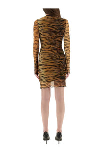 Moschino Jeans women’s animal print mesh dress with long sleeves and tiger stripe pattern in black and amber tones