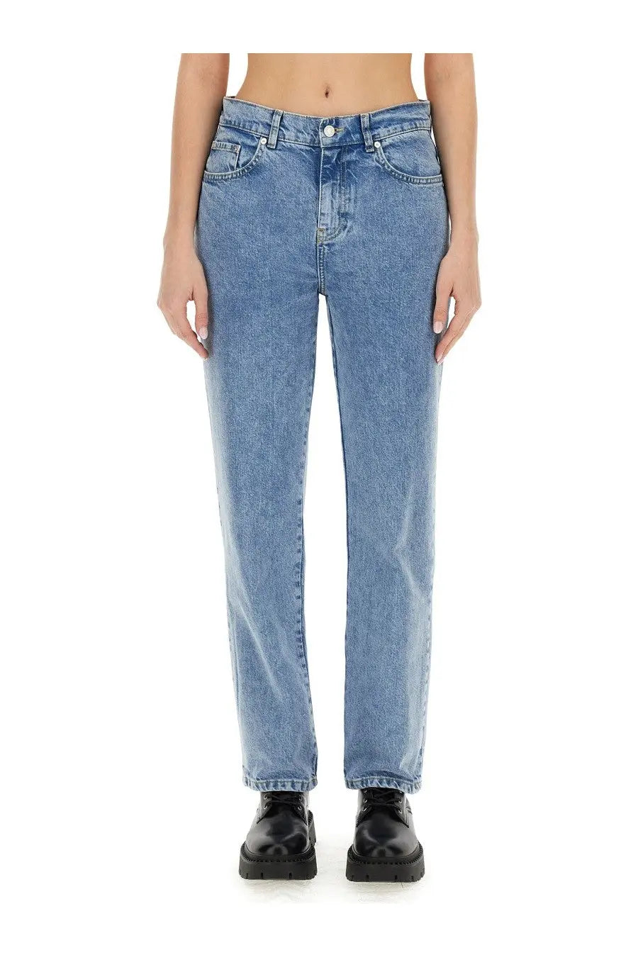 Moschino jeans women’s light-wash blue denim boyfriend pants with straight-leg cut and classic five-pocket design