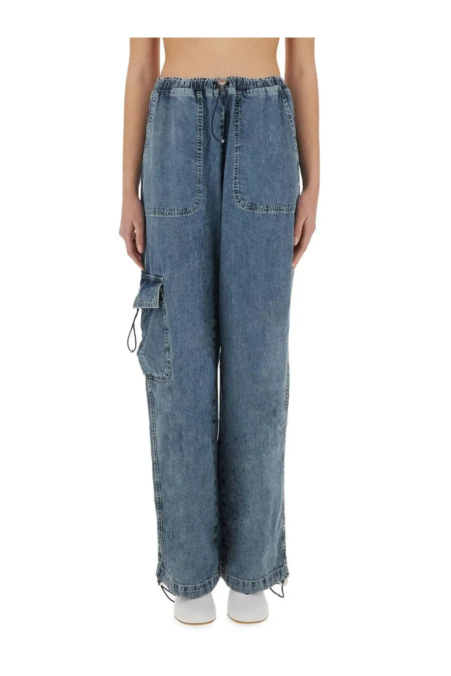 Moschino jeans women’s blue denim cargo jeans with relaxed fit elastic waistband drawstring and large side pockets