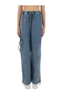 Moschino jeans women’s blue denim cargo jeans with relaxed fit elastic waistband drawstring and large side pockets