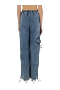 Moschino jeans women’s wide-leg cargo denim pants in faded blue wash with elastic waistband and cargo pockets