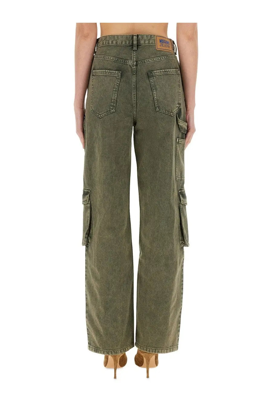 Olive green denim cargo jeans for women by moschino featuring multiple pockets and a branded leather patch at waistband