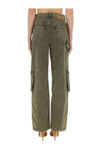 Olive green denim cargo jeans for women by moschino featuring multiple pockets and a branded leather patch at waistband
