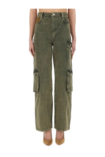 Olive green denim cargo jeans with large side pockets and brown leather patch on back waistband by moschino jeans