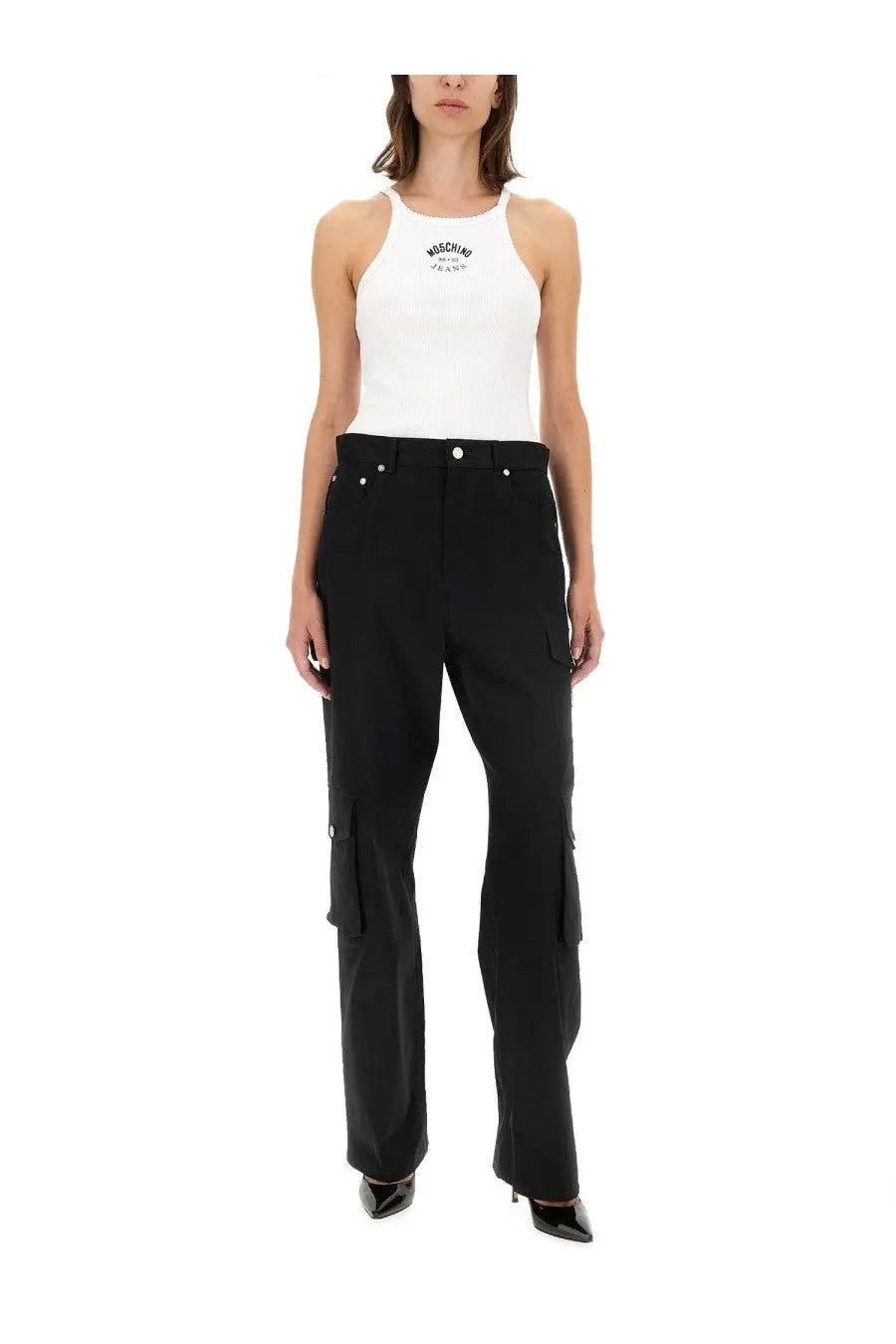 Moschino jeans women’s black cargo pants with flap pockets and silver button details in cotton fabric