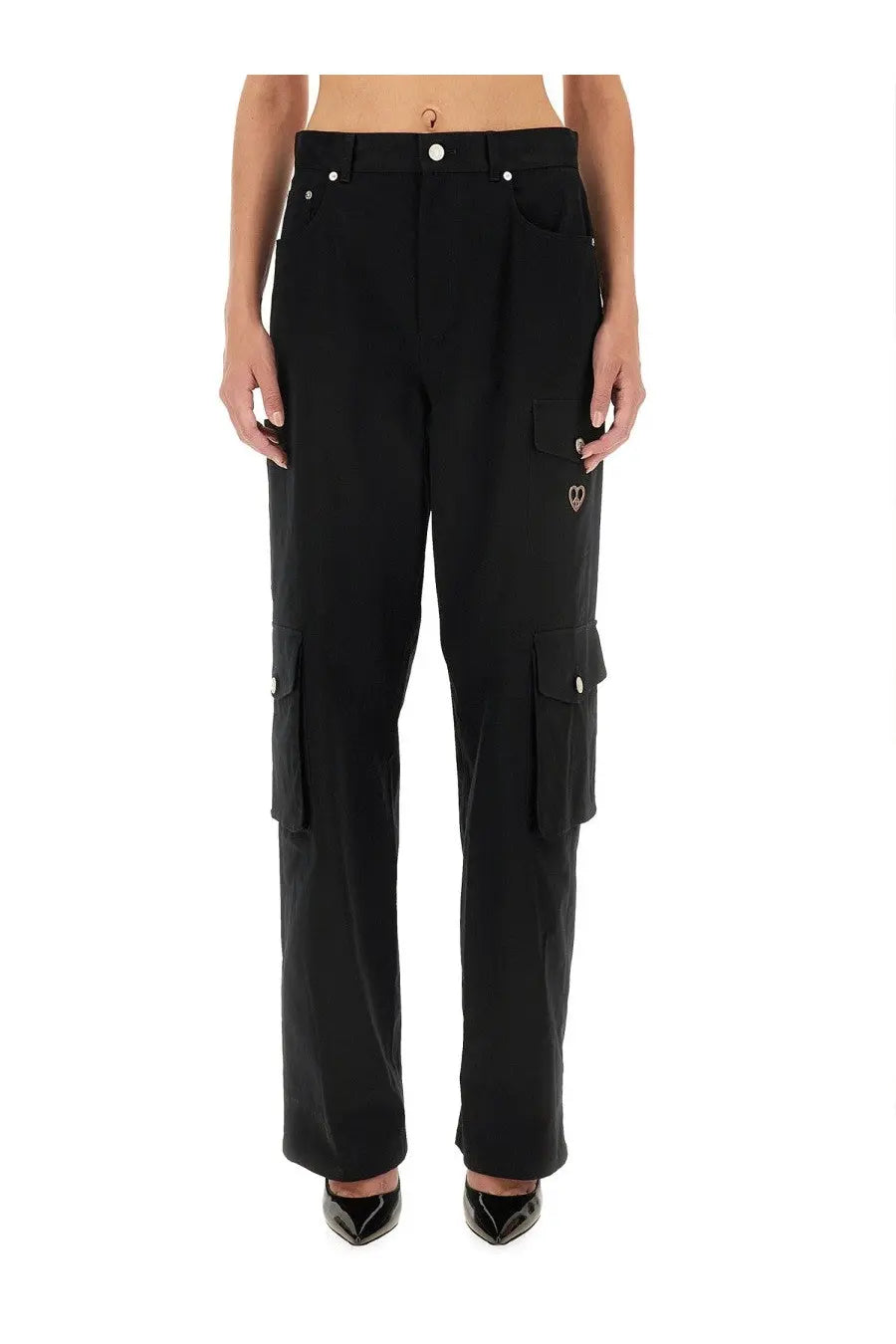 Moschino jeans women’s black cargo pants with multiple pockets and a subtle heart logo on the thigh