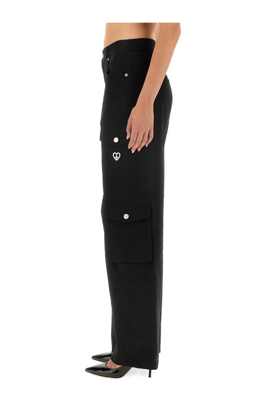 Moschino jeans women’s black cargo pants with white heart embroidery and silver button accents front view