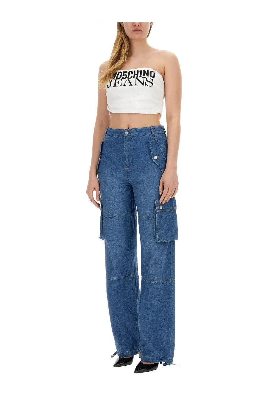 Moschino Jeans women’s blue denim cargo pants with multiple pockets and a relaxed wide-leg cut
