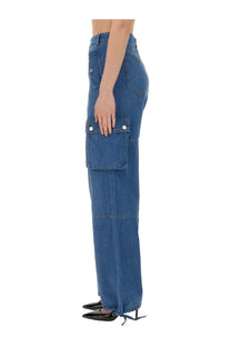 Moschino jeans women’s blue denim cargo pants with large silver button pockets and a drawstring waistband