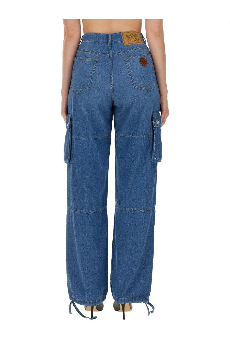 Moschino jeans women’s blue denim cargo pants with side pockets and drawstring cuffs