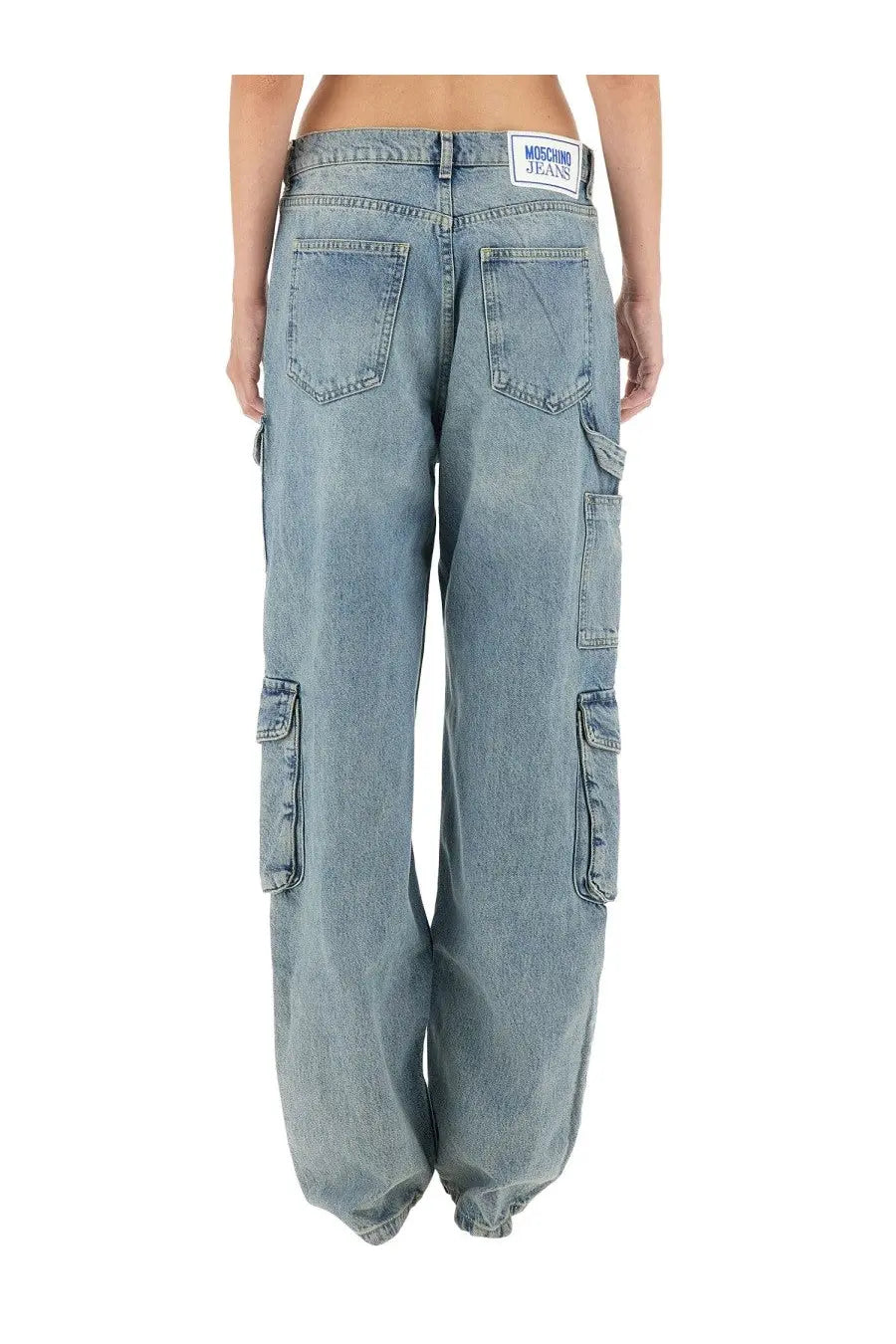 Moschino jeans women’s cargo pants in light-wash denim with multiple pockets and a wide-leg relaxed fit