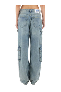 Moschino jeans women’s cargo pants in light-wash denim with multiple pockets and a wide-leg relaxed fit