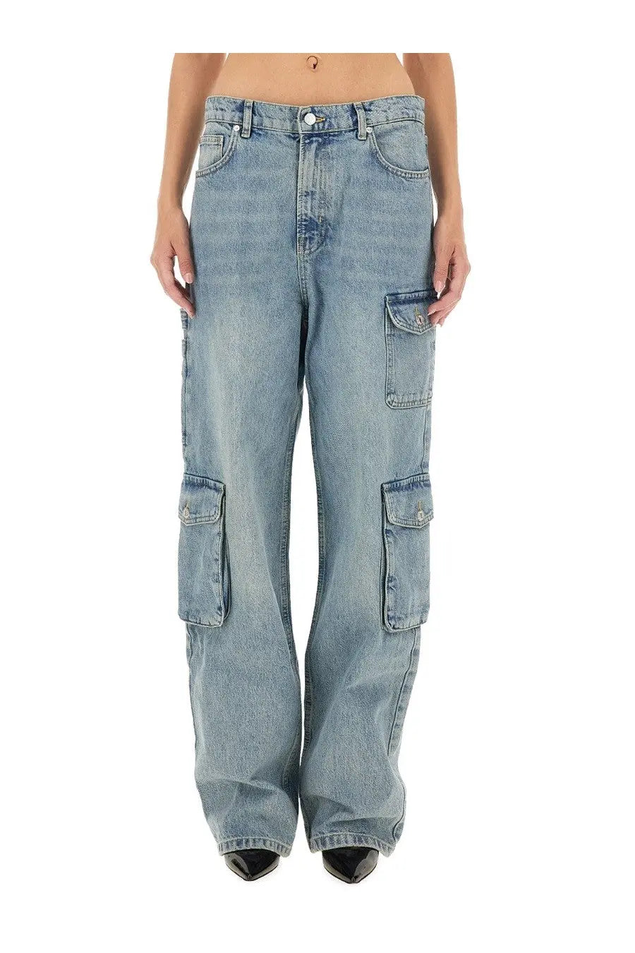 Light-wash denim Moschino Jeans women’s cargo pants with multiple flap pockets and a high-rise waistband
