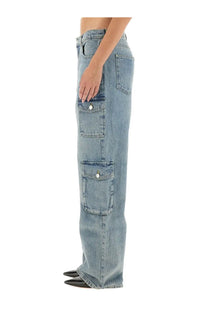 Moschino jeans women’s cargo pants in light-wash denim with two large side flap pockets secured by white buttons