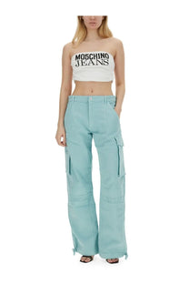 Light blue Moschino Jeans women’s wide-leg cargo pants with multiple pockets and drawstring cuffs