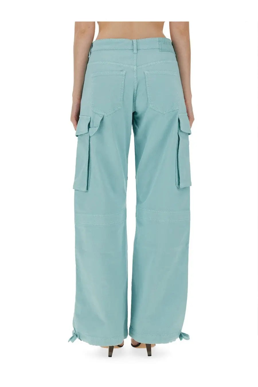 Light blue moschino jeans women’s cargo pants with wide-leg fit large side pockets and tied cuffs