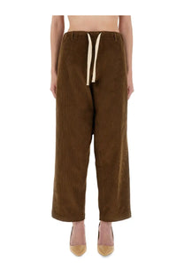 Moschino Jeans women’s brown corduroy wide-leg pants with cream-colored drawstring waistband front view