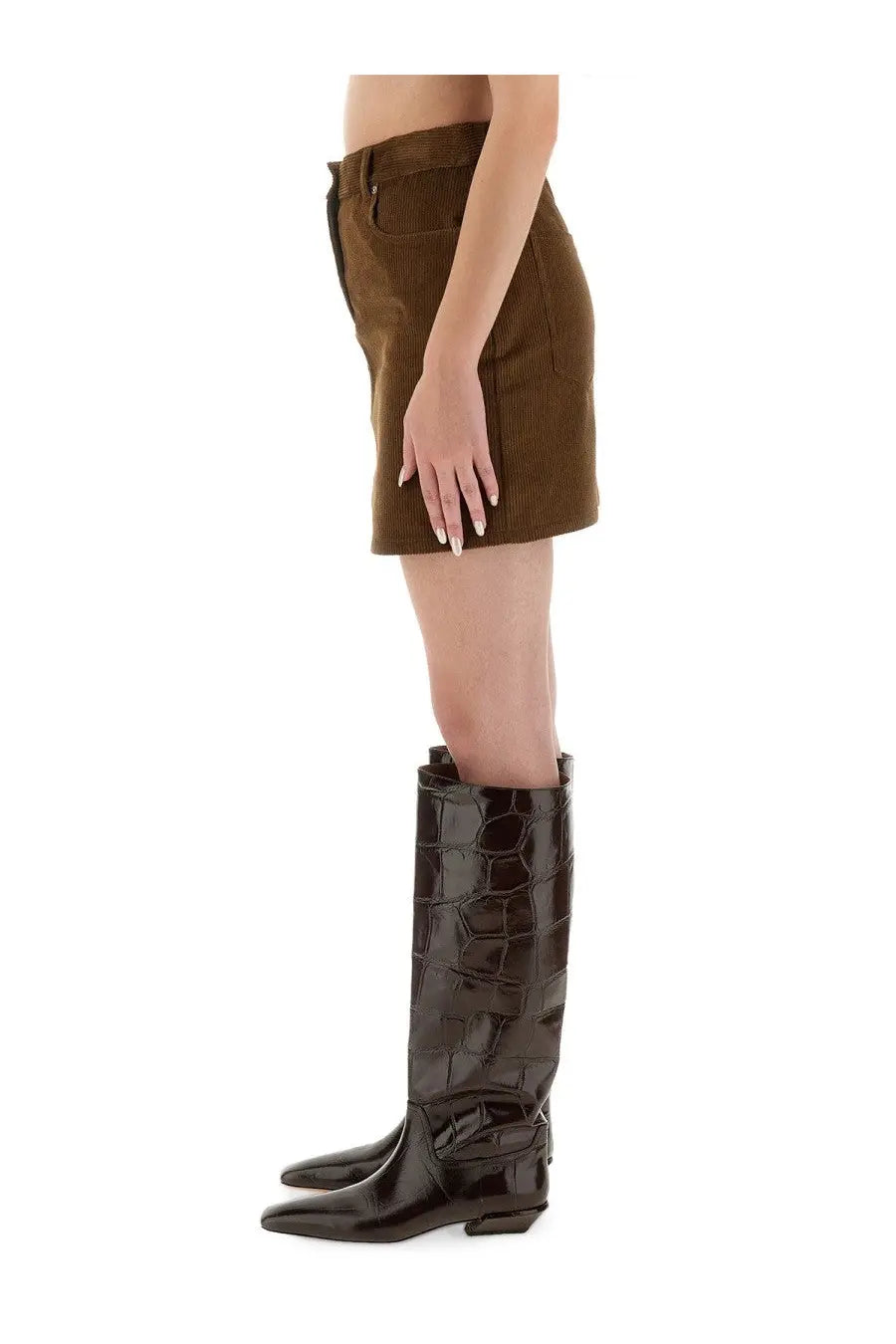 Brown corduroy mini skirt by Moschino Jeans with classic five-pocket design and belt loop waistband in brown