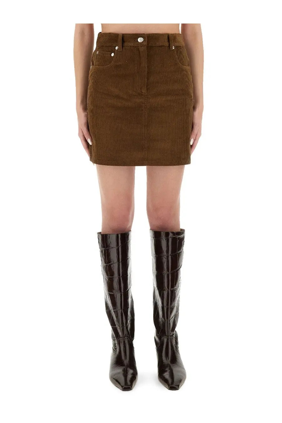 Moschino jeans women’s brown corduroy mini skirt with gold-tone buttons and flap pockets in front view
