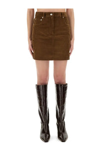 Moschino jeans women’s brown corduroy mini skirt with gold-tone buttons and flap pockets in front view
