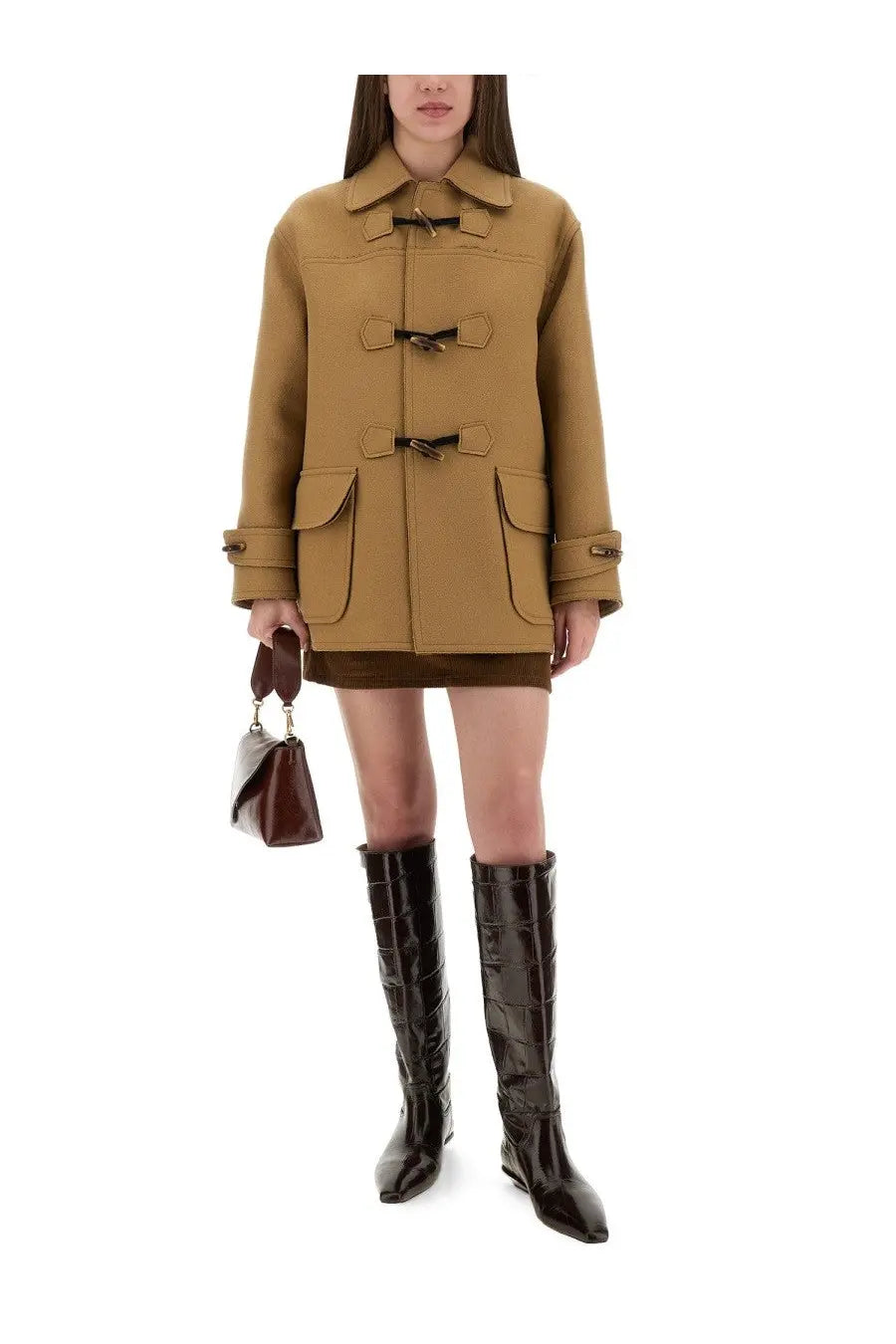 Tan wool duffle coat with black toggle closures and flap pockets shown with moschino jeans women’s brown corduroy skirt