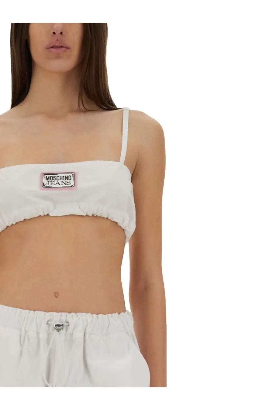 Moschino jeans womens white cotton cropped bandeau top with thin straps and ruched texture