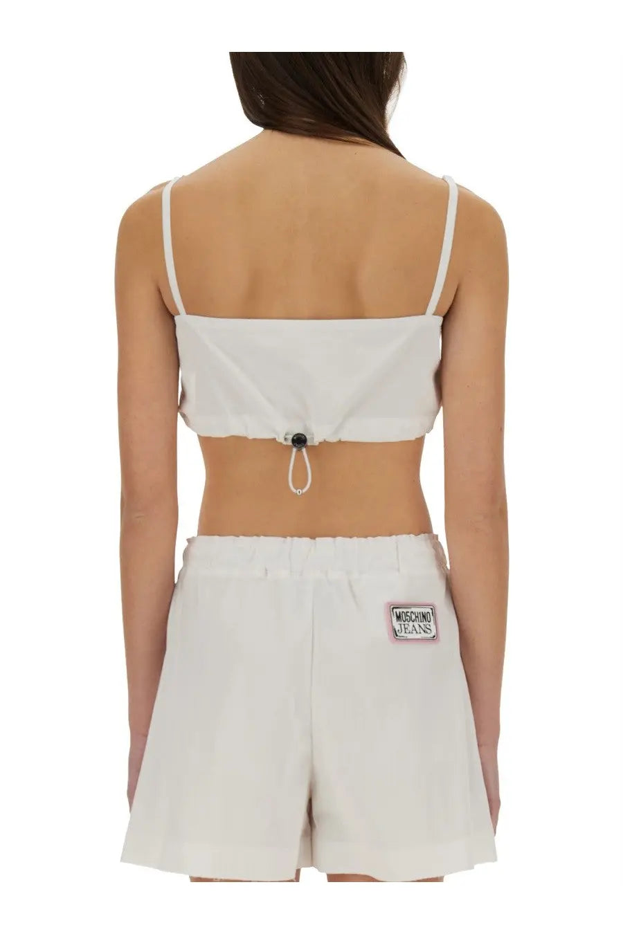 White cotton bandeau top with thin straps and drawstring closure at the back by Moschino Jeans women’s