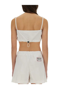 White cotton bandeau top with thin straps and drawstring closure at the back by Moschino Jeans women’s