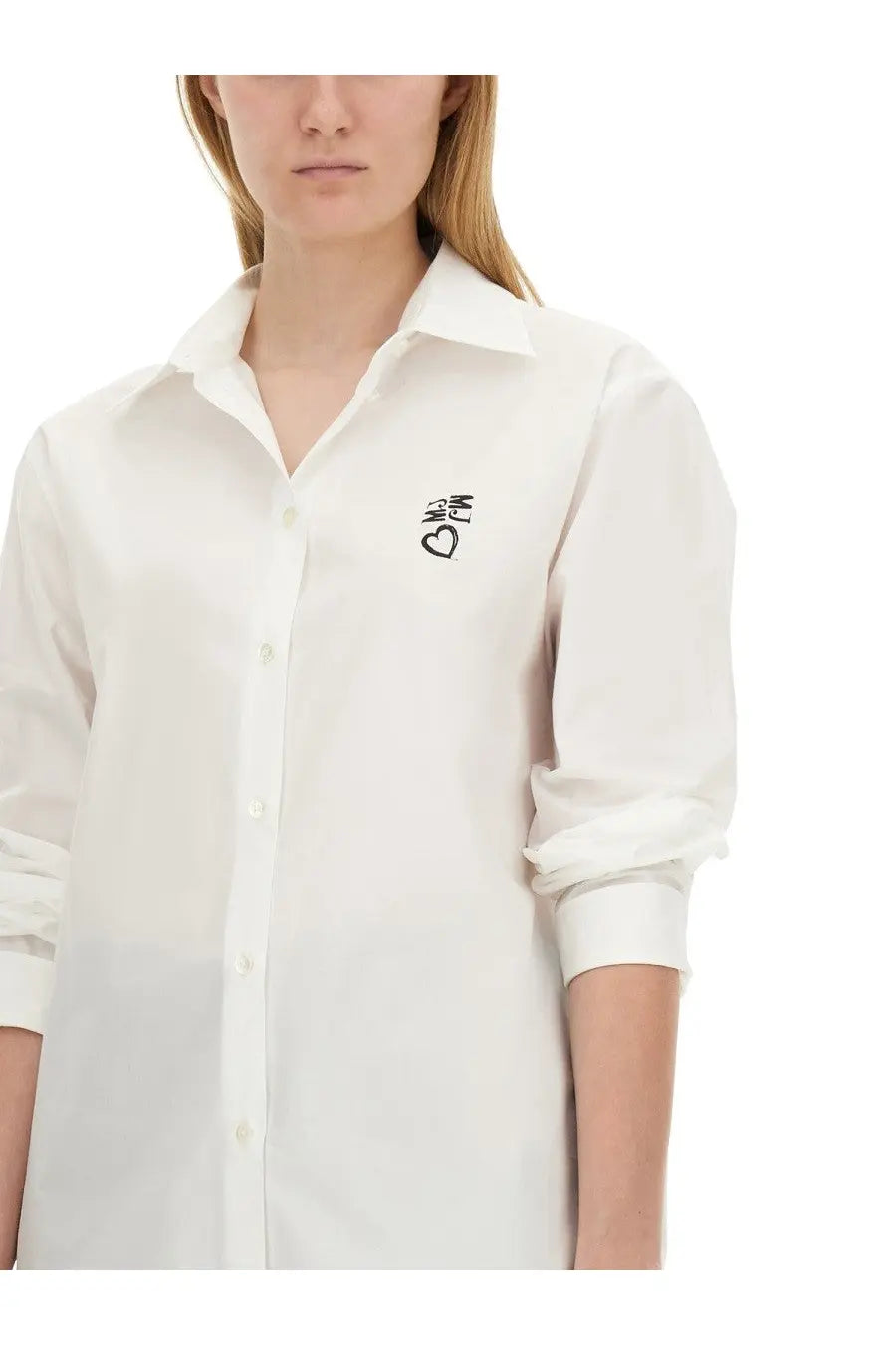 A crisp white moschino jeans women’s cotton button-down shirt with a subtle black embroidered logo on left chest