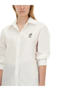 A crisp white moschino jeans women’s cotton button-down shirt with a subtle black embroidered logo on left chest