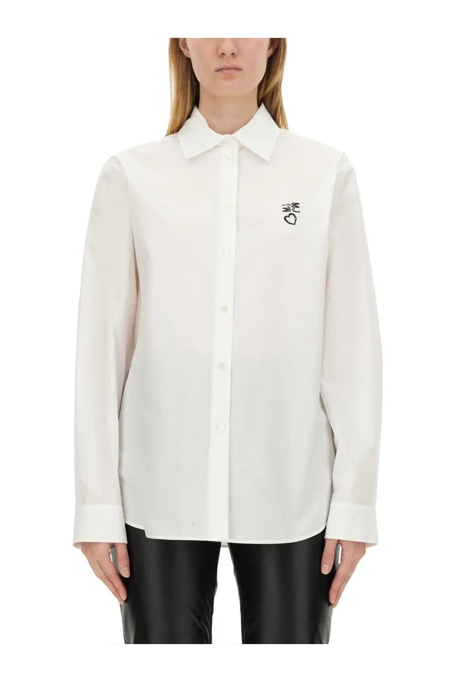 Moschino Jeans women’s white cotton long-sleeved button-up shirt with subtle black embroidered logo on left chest