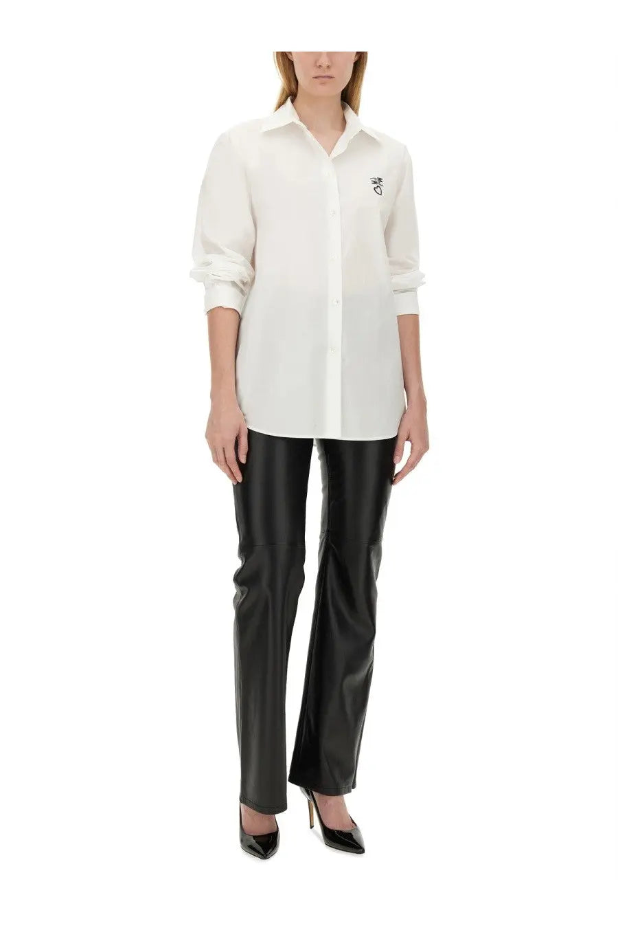 White oversized cotton button-down shirt with subtle embroidered logo on left chest by Moschino Jeans women