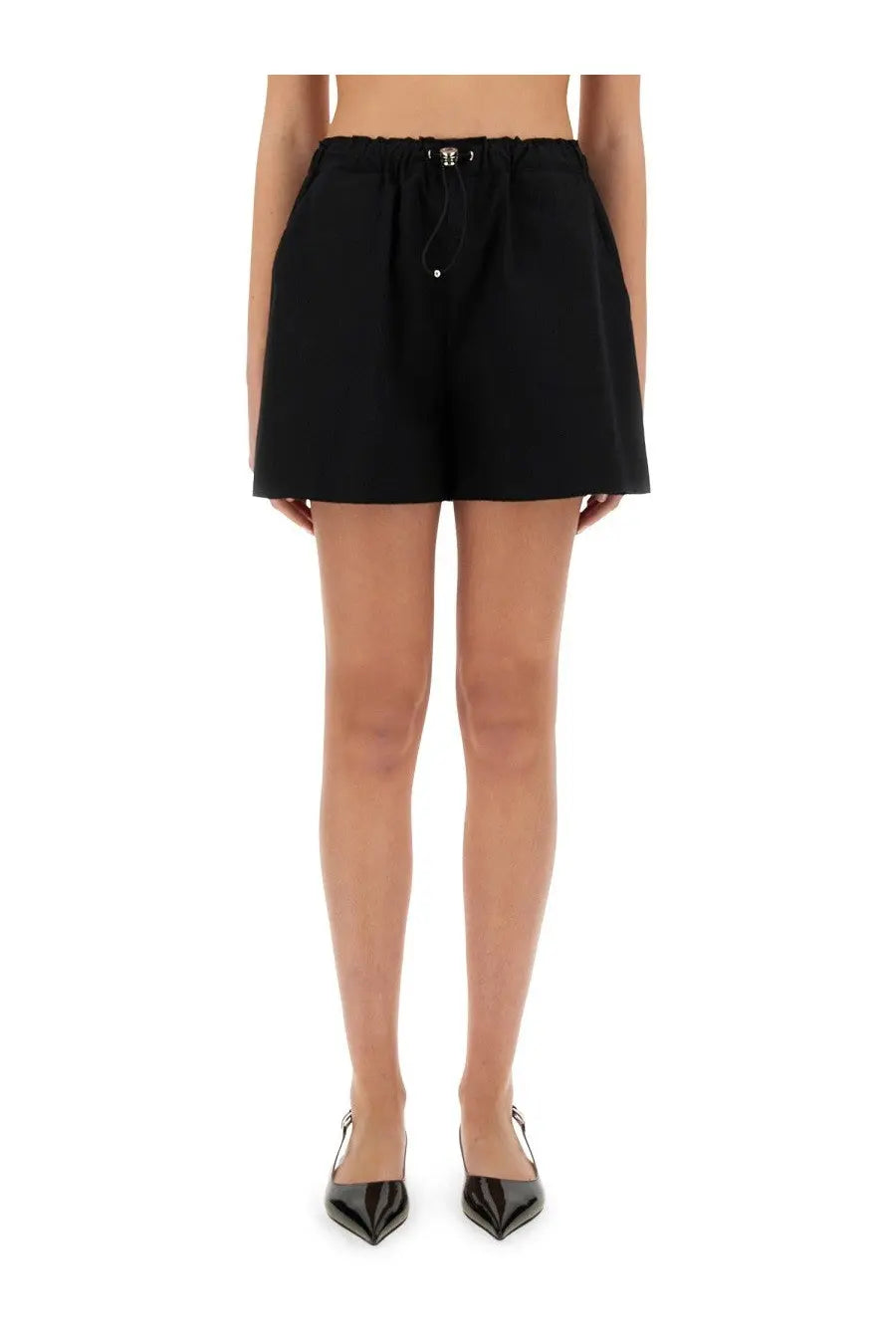 Moschino jeans women’s black cotton high-waisted shorts with drawstring waistband and subtle metallic hardware