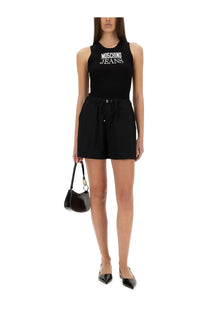 Black moschino jeans sleeveless cotton top with white logo and drawstring waistband for women